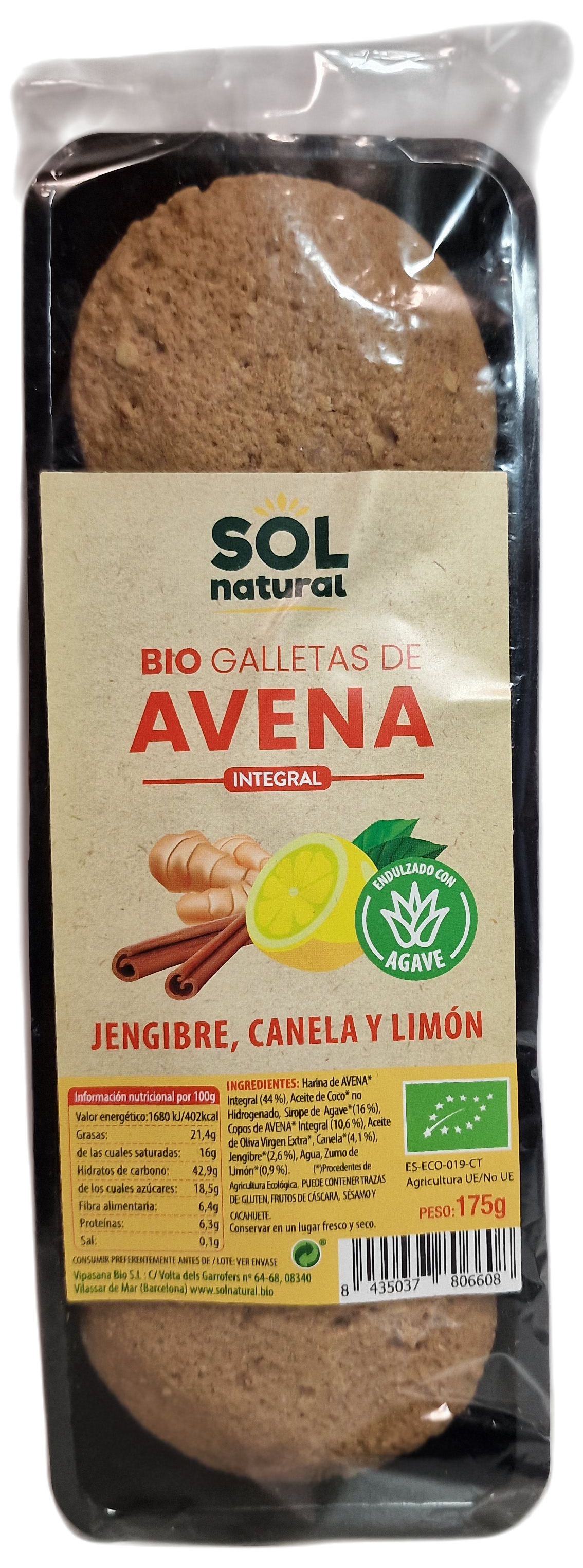 Galletas de avena, jengibre, canela y limón 175gr